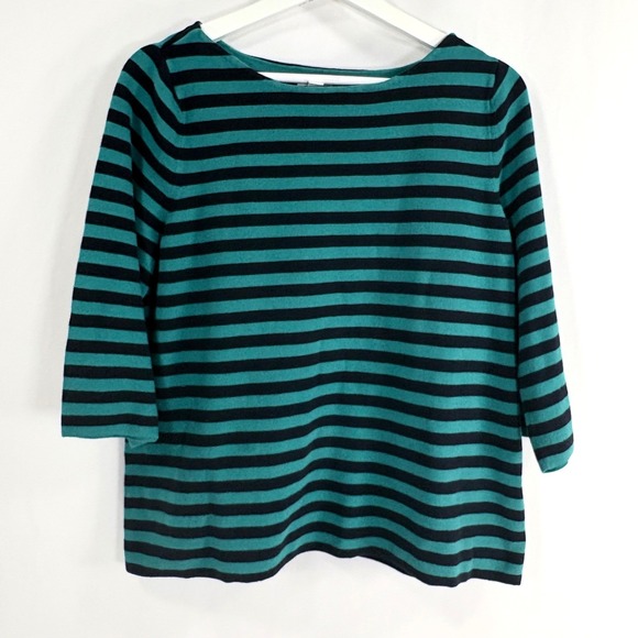 J.Jill Teal Navy Blue Striped Boatneck 3/4 Sleeve Knit Top Large Petite LP - Picture 2 of 6
